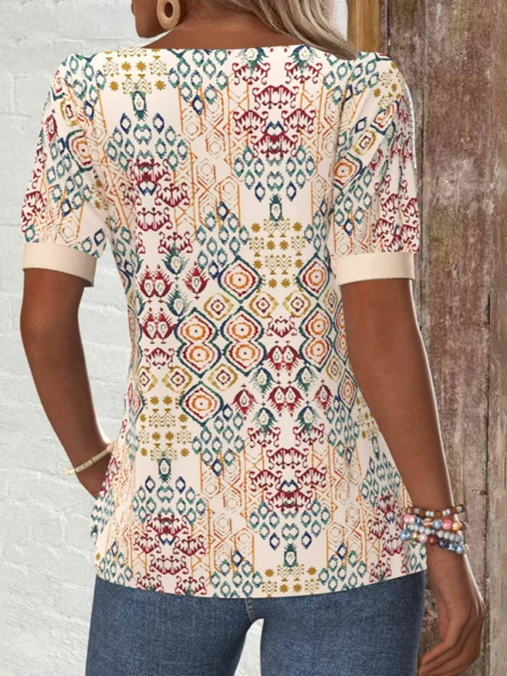 ZARA Summer Elegant Diagonal Neck Short Sleeve Button Print Tee for Women